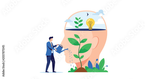 Concept of personal growth and mental development with a person watering a plant growing inside a large human head silhouette.