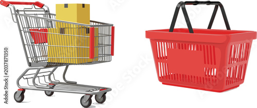 Metal Shopping Cart Filled with Cardboard Boxes and Red Plastic Grocery Basket Isolated Vector Illustration Set