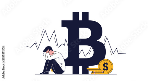 Sad man sitting next to a giant bitcoin symbol with a falling market graph in the background, depicting cryptocurrency loss.