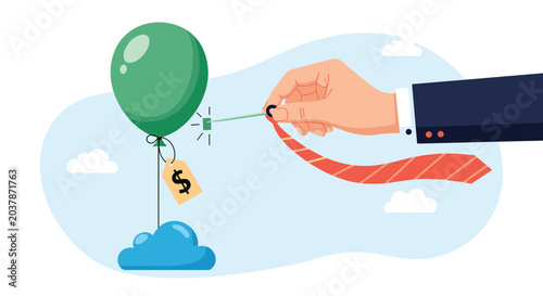 Close up of a giant hand pulling a red tie which is attached to a green balloon with a dollar tag, symbolizing controlling inflation.