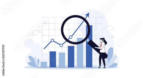 Professional analyst holding a large magnifying glass to inspect a rising bar chart and a line graph, symbolizing data verification.
