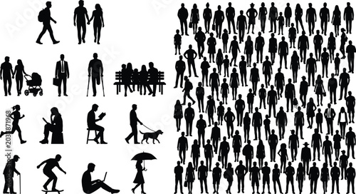 Foto Vector illustration of people silhouettes showing individual activities and crow