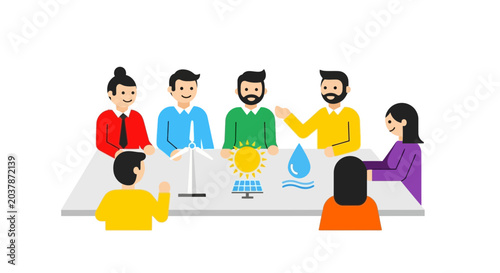 Diverse team discusses renewable energy solutions around a table