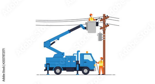 Electrician working on power pole from bucket truck, electricity repair service