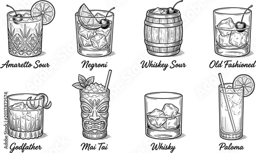 Vector illustration set of classic cocktails with detailed glasses, garnishes, and handwritten labels