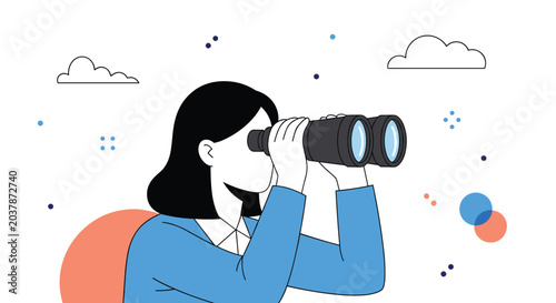 Profile view of a young woman with long dark hair wearing a blue blazer and looking through large black binoculars to find ways.