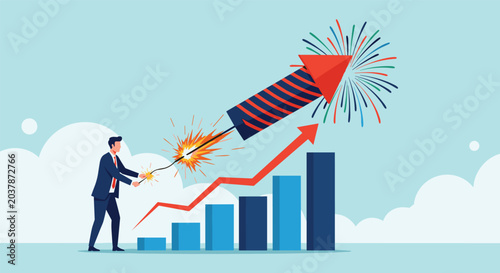 Excited businessman lights a massive firework rocket next to a rising blue bar chart to celebrate an explosive growth in business.