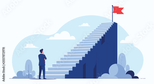 Businessman in a suit stands at the bottom of a tall flight of stairs looking up at a red flag at the top, representing long-term goals.