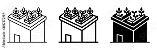 Roof garden, green roof, urban agriculture icons, vector illustrations