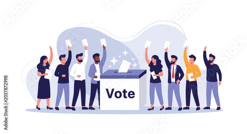 Group of diverse people participate in a democratic election by dropping their marked paper ballots into a white voting box with a lid.
