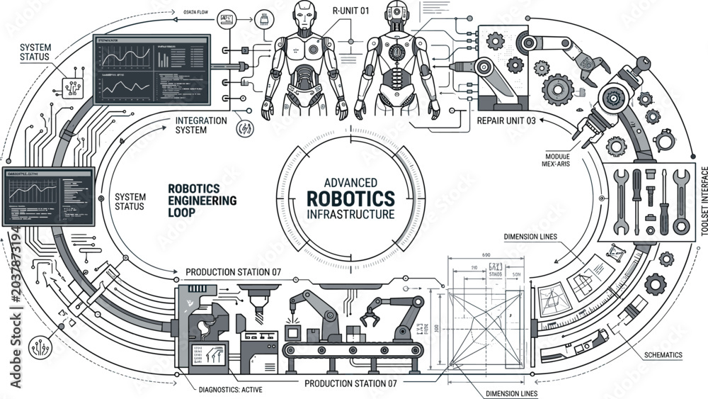 Naklejka premium Advanced robotics infrastructure vector blueprint with humanoid engineering systems automated production loops and futuristic manufacturing network concepts