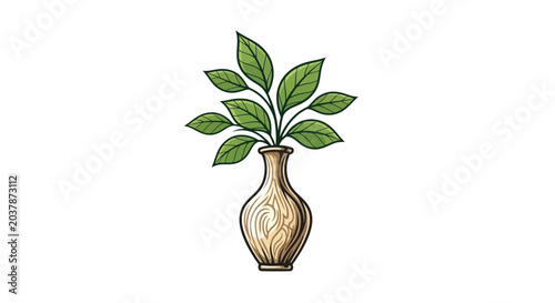 Fotografie Green Plant in Ceramic Vase Isolated on White Background, Botanical Illustration