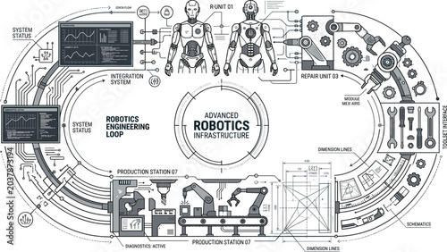 Canvas Print Advanced robotics infrastructure vector blueprint with humanoid engineering syst