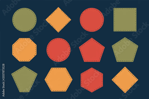 Colorful geometric patch shapes set including circles diamonds squares and polygons with stitched border on dark background theme.