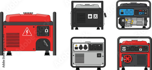 Canvas Print Portable Gasoline Power Generator Set Multiple Views Red Gray Industrial Equipme