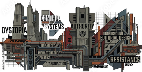Canvas-taulu Brutalist dystopian systems vector illustration with authoritarian megacity arch