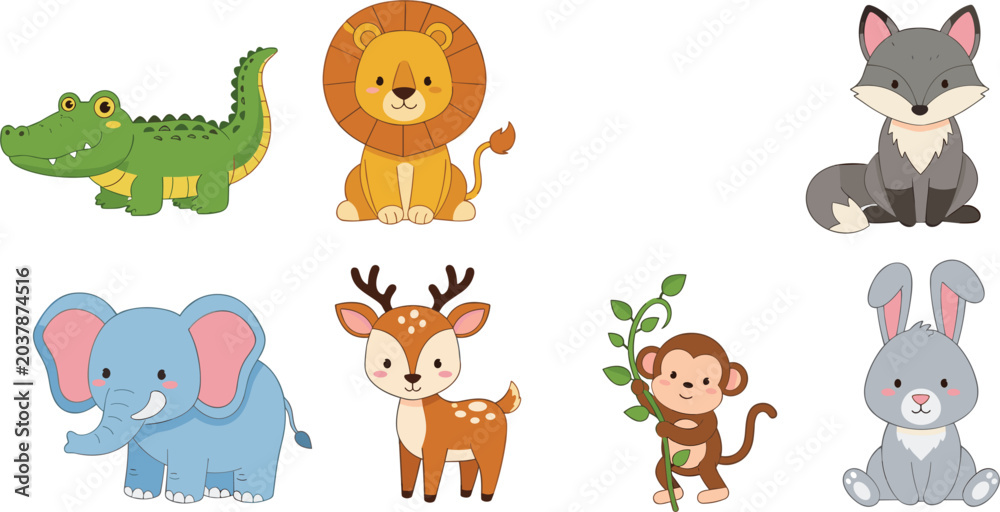 Fototapeta premium Cute Wild and Jungle Animals Vector Set Featuring Cartoon Crocodile Lion Fox Elephant Deer Monkey and Rabbit Characters for Kids Designs