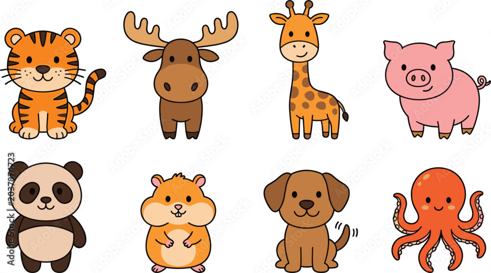 Obraz premium Cute Cartoon Animal Vector Character Set with Tiger Moose Giraffe Pig Panda Hamster Dog and Octopus for Kids Nursery Decor Children Graphic Designs and Stickers