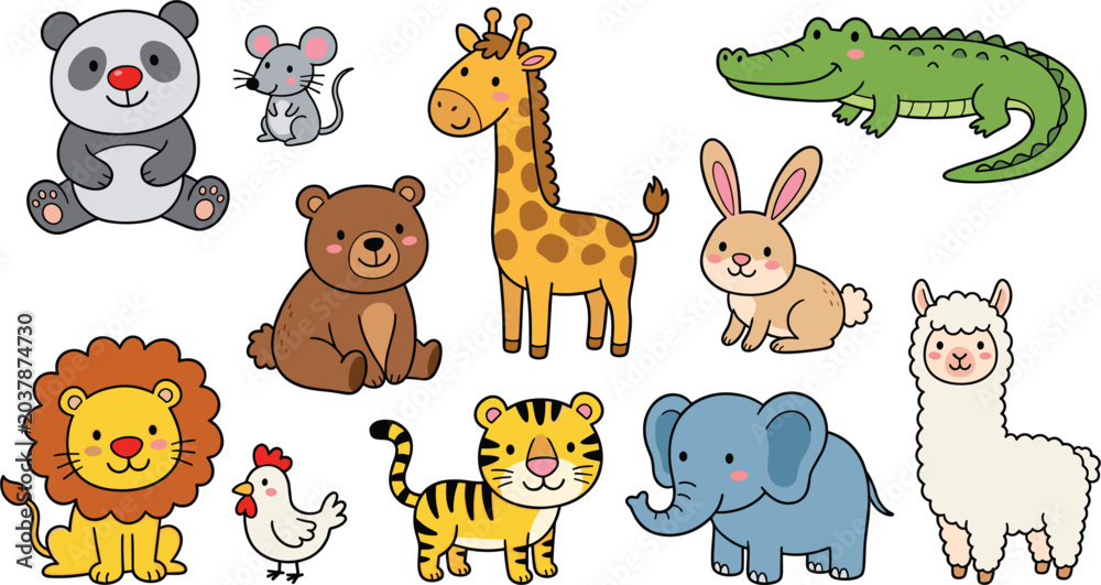 Obraz premium Cute Cartoon Animal Vector Character Set Featuring Panda Mouse Bear Giraffe Crocodile Lion Chicken Tiger Elephant and Alpaca Illustrations for Nursery Kids Decor
