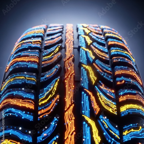 Performance automobile tire tread patterned like complex wiring, representing speed, advanced engineering, and futuristic road travel, connection, detail, power