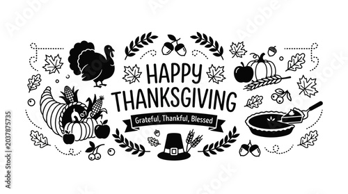 Hand drawn Happy Thanksgiving greeting card design with traditional holiday symbols.