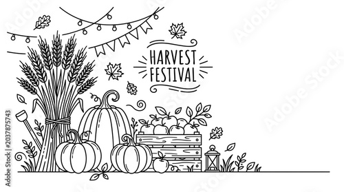 Hand drawn harvest festival illustration with pumpkins and wheat.