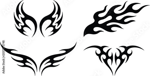 Cuadro en lienzo Tribal tattoo designs with wings, flames, and heart motifs, vector illustration