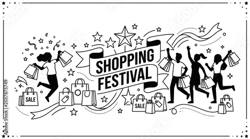 Hand drawn illustration of a festive shopping event with happy people.