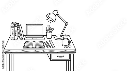 Hand drawn illustration of a tidy workspace desk with computer and books.