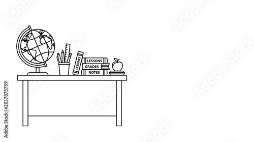 Hand drawn illustration of a school desk with globe books and an apple.
