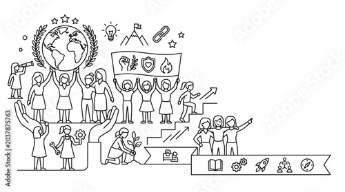 Hand drawn illustration of empowered women united for social progress.