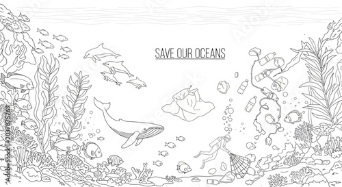 Hand drawn illustration of marine life and ocean pollution for coloring page.