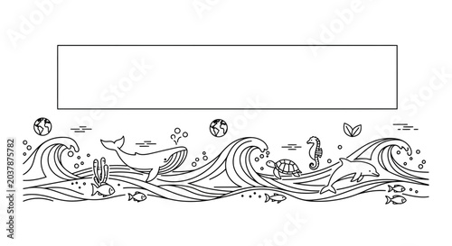 Hand drawn ocean life border illustration with waves and sea animals.