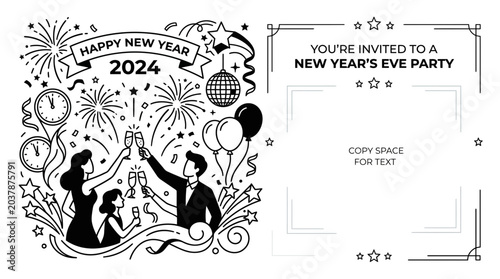 Hand Drawn New Year Eve Party Invitation with Family Celebrating 2024.