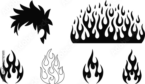 Schilderij op canvas Flame icons and spiky hair silhouette set, vector illustration of fire artwork d