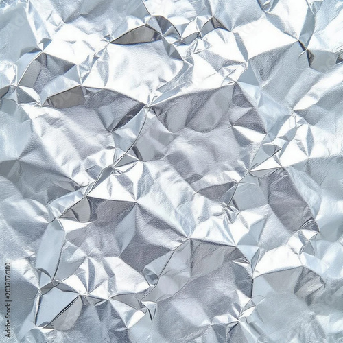 Metallic silver foil texture, shiny chrome background with reflective surface. Wrinkled aluminum glossy material of polished steel plate. Gleaming alloy sheet glowing metal pattern.