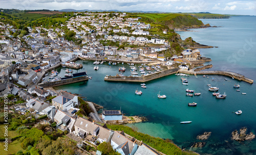 Aerial views of the harbor in the coastal village Mevagissey in Cornwall, United Kingdom