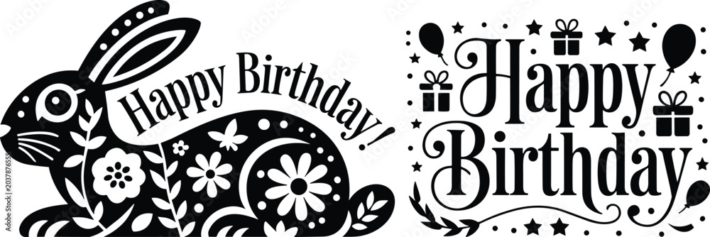 Fototapeta premium Happy Birthday decorative illustrations with rabbit floral design and ornate lettering, vector artwork for greeting cards and festive decoration