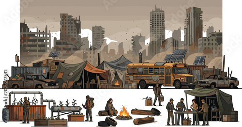 Schilderij op canvas Post apocalyptic survivor camp vector illustration with ruined cityscape refugee