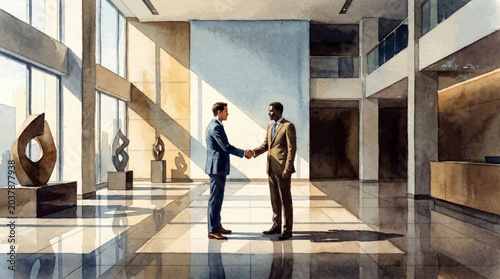 Executive shaking hands in corporate � calm watercolor painting stock concept