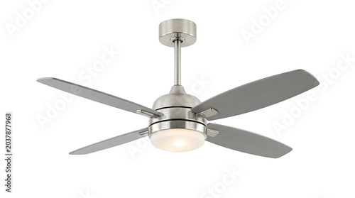 Modern ceiling fan, silver, with light, indoor lighting fixture, home decor isolated on Transparent Background