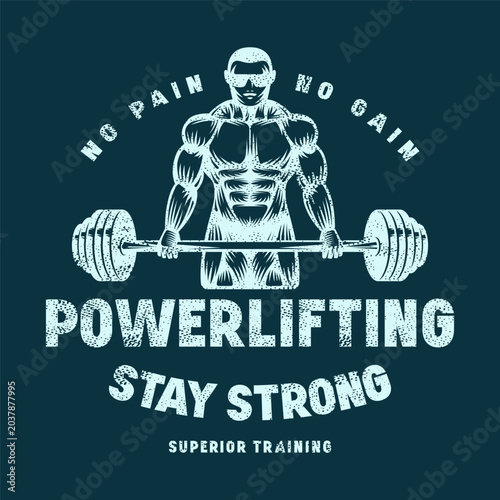 Emblem with powerlifter silhouette. Gym, workout, bodybuilding and athletic  theme. Graphic design with rough texture for t-shirt. Blue print on dark background