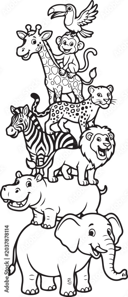 Obraz premium Coloring book page for kids with African safari animals stack. Cute wildlife line art collection. Elephant, hippo, lion, zebra, giraffe, monkey, toucan, leopard vector illustration. Zoo animals group