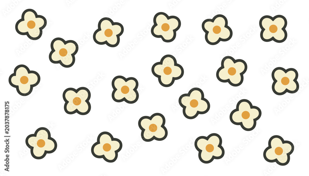 Fototapeta premium Seamless pattern of stylized cream colored popcorn kernels with dark outlines and golden yellow centers arranged on a plain white background for food themed projects