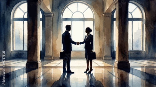 Executive shaking hands in corporate � calm watercolor painting stock concept