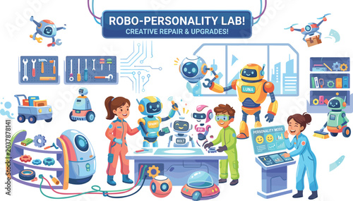 Tableau sur toile Robo personality laboratory vector illustration with cute AI assistant robots cr