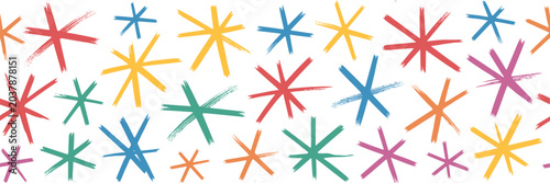 Konstfotografi Seamless pattern of hand drawn colorful star shapes with rough brush stroke text
