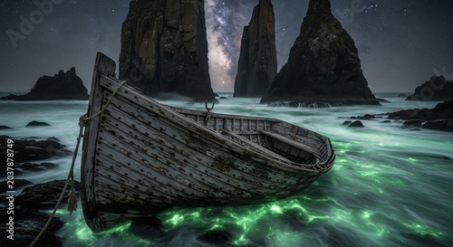 An abandoned wooden rowboat washed ashore on a rocky beach at night, surrounded by glowing green bioluminescent water and tall dark sea stack rock formations under a starry sky