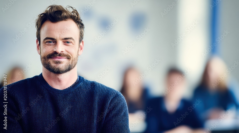 Obraz premium Smiling male teacher in a classroom setting with students blurred in the background.