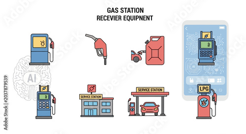 Gas station receiver equipment icons set.